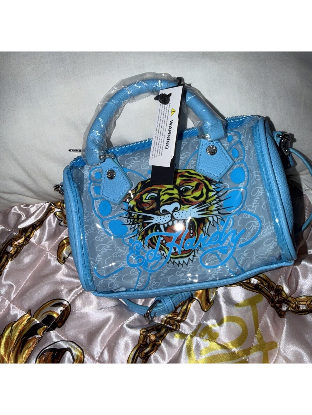 NWT Ed Hardy Clear Swim Beach Bag Satchel/Crossbody Bag - Blue - Screaming Tiger